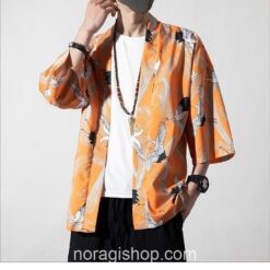 Orange Cranes Pattern Traditional Streetwear Noragi 3