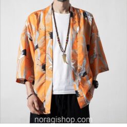 Orange Cranes Pattern Traditional Streetwear Noragi 2