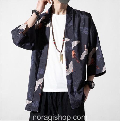 Dark Cranes Pattern Traditional Streetwear Noragi 3
