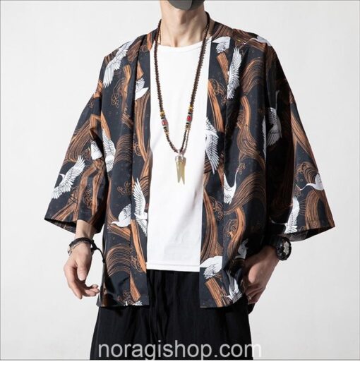 Cranes Brown Pattern Traditional Streetwear Noragi 4