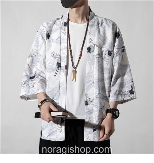 White Cranes Pattern Traditional Streetwear Noragi 4