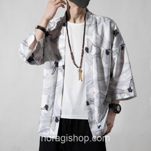 White Cranes Pattern Traditional Streetwear Noragi 2