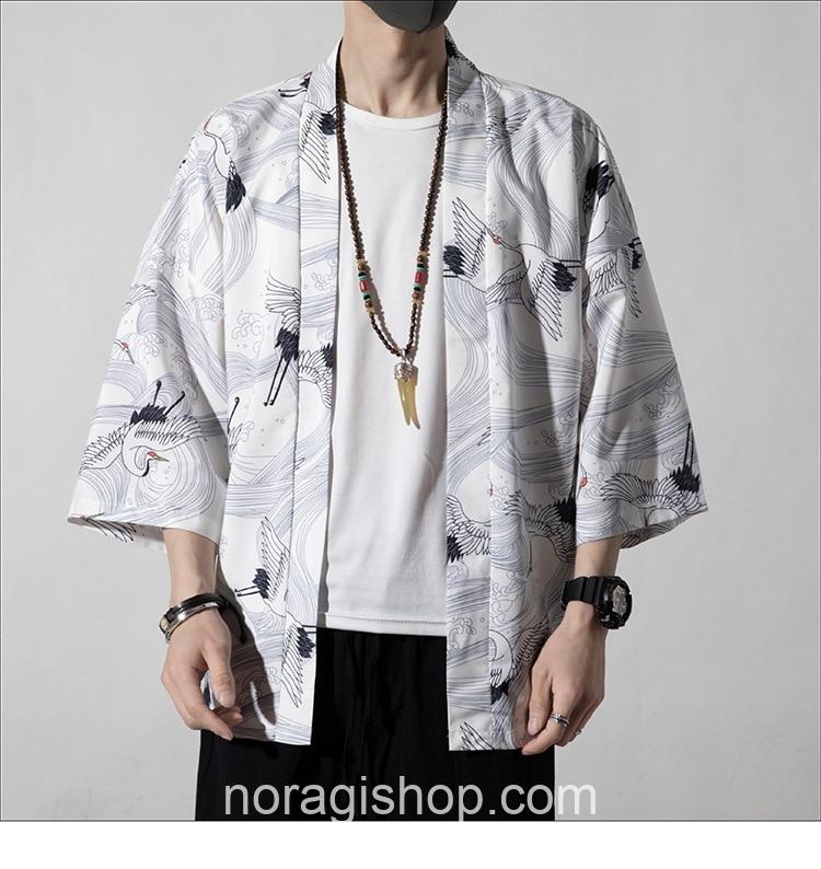 White Cranes Pattern Traditional Streetwear Noragi