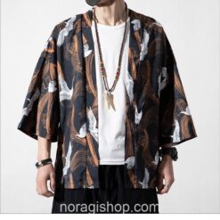 Cranes Brown Pattern Traditional Streetwear Noragi 3