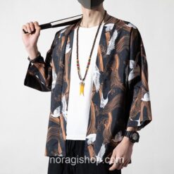 Cranes Brown Pattern Traditional Streetwear Noragi 1