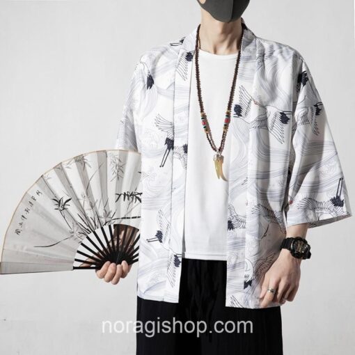 White Cranes Pattern Traditional Streetwear Noragi 1