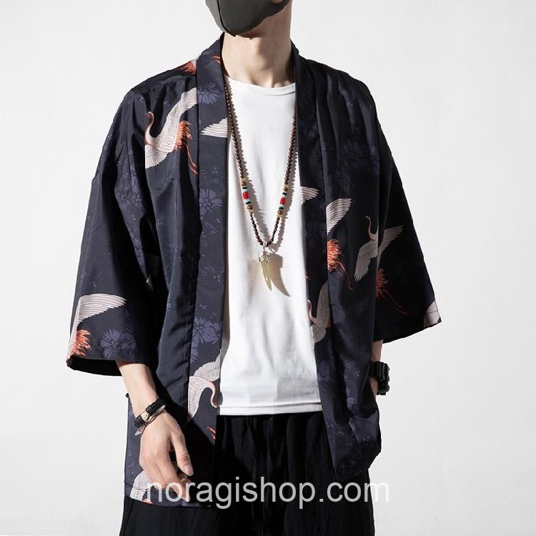 Dark Cranes Pattern Traditional Streetwear Noragi