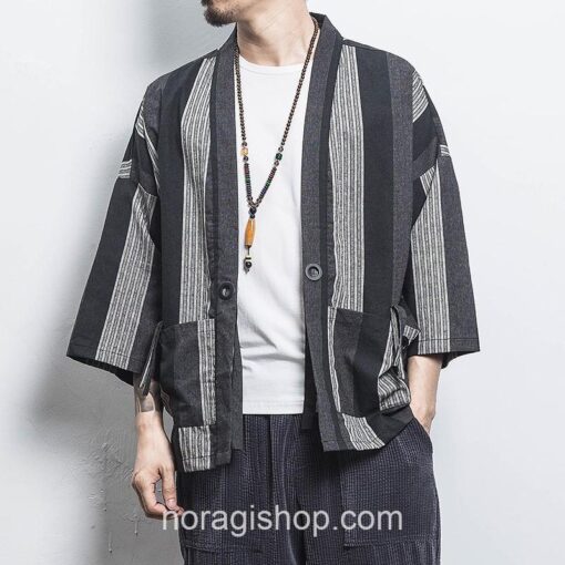 Black Stripe Streetwear Cardigan Style Noragi 4