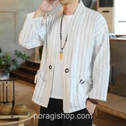 White Yukata Striped Linen Asian Noragi 1