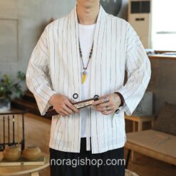 White Yukata Striped Linen Asian Noragi 1