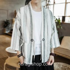 White Kimono Stripped Linen Cardigan Noragi 2