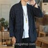 Navy Blue Yukata Striped Linen Asian Noragi 2 Navy Blue Yukata Striped Linen Asian Noragi 2