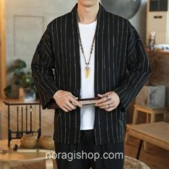 Black Yukata Striped Linen Asian Noragi 1