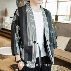 Gray Kimono Stripped Linen Cardigan Noragi 2