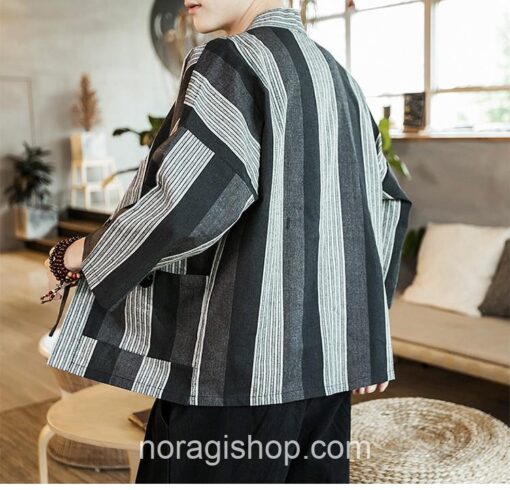 Gray Kimono Stripped Linen Cardigan Noragi 6
