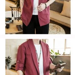 Red Japan Cardigan Robe Linen Noragi 3