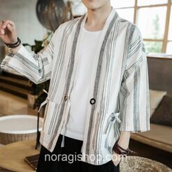 White Kimono Stripped Linen Cardigan Noragi White Kimono Stripped Linen Cardigan Noragi