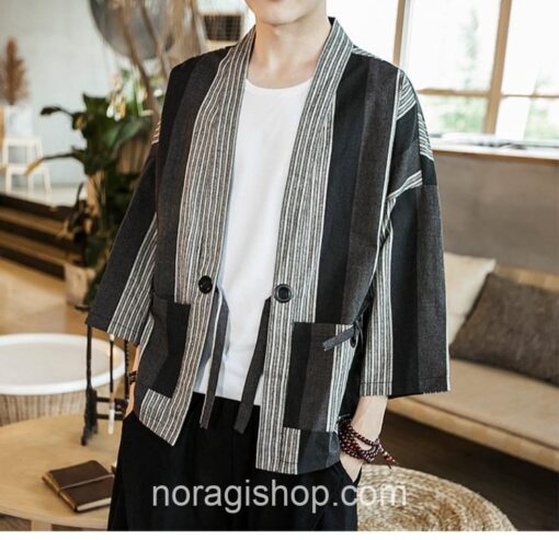 Gray Kimono Stripped Linen Cardigan Noragi