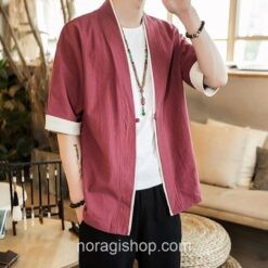 Red Kimono Cardigan Linen Style Noragi 3 Red Kimono Cardigan Linen Style Noragi 3