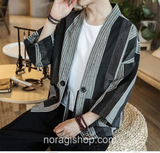 Gray Kimono Stripped Linen Cardigan Noragi 3