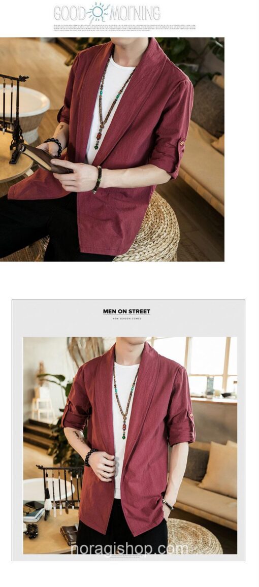 Red Japan Cardigan Robe Linen Noragi 4 Red Japan Cardigan Robe Linen Noragi 4