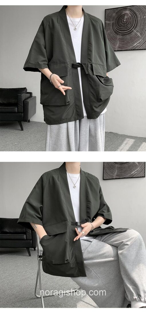 Dark Green Streetwear Samurai Seven Sleeve Loose Noragi 6